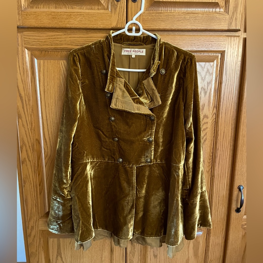Free People Olive Green Velvet Double-Breasted Peplum Jacket
